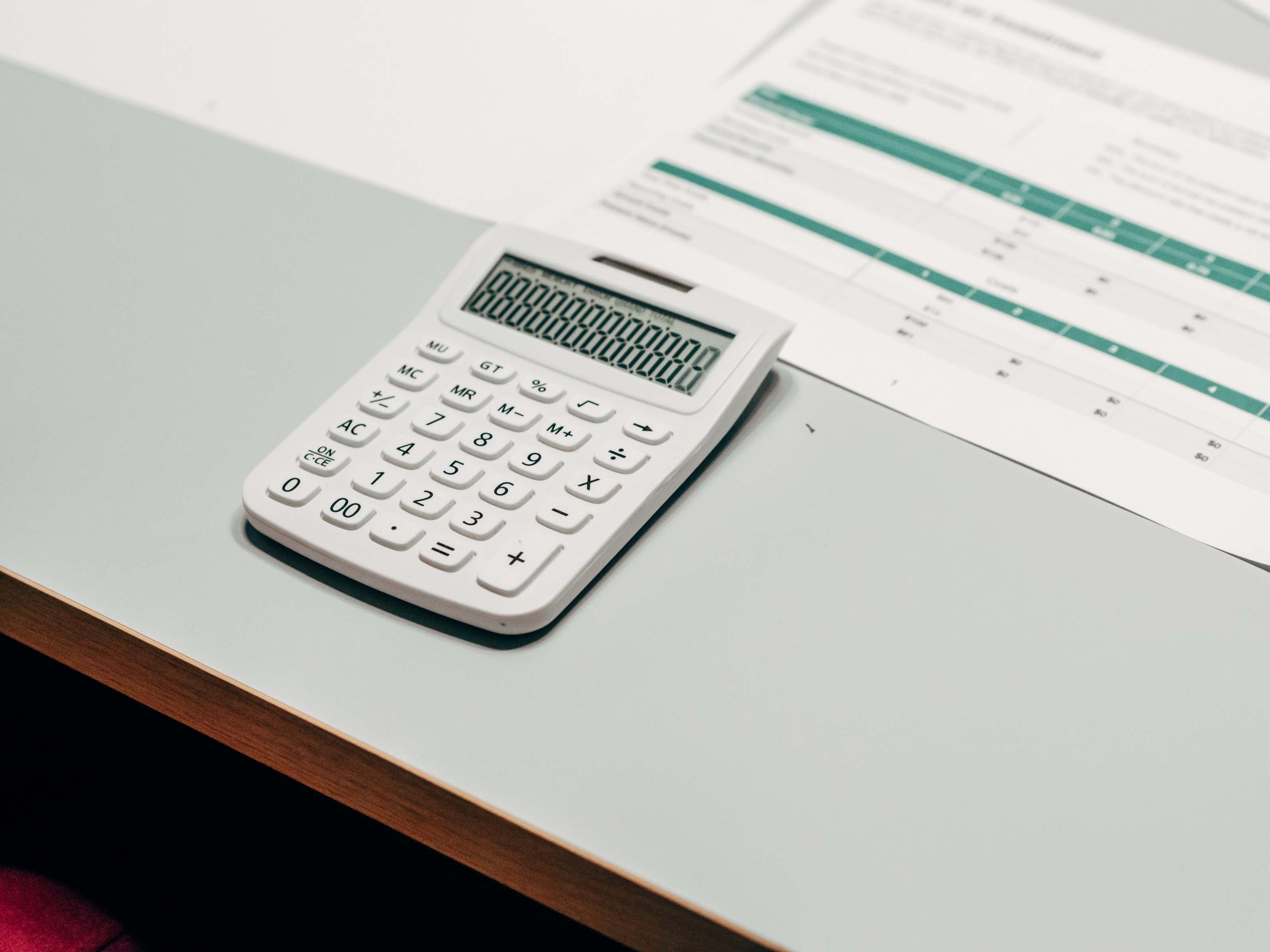 Close view of calculator and budget worksheet on a desk